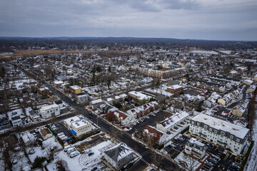 Aerial Drone of Snow in Red Bank New Jersey 