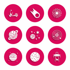 Set Space and planet, Planet Venus, UFO abducts cow, Solar system, Saturn, Black hole and Mars rover icon. Vector