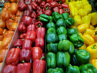 Fila de pimientos de varios colores para vender