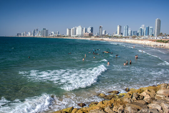 Tel Aviv city and its coastline seen from yaffa
