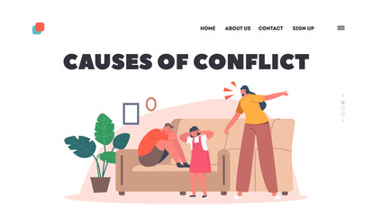 Causes of Conflict Landing Page Template. Family Characters Mother, Son and Daughter, Woman Blaming and Scolding Kids