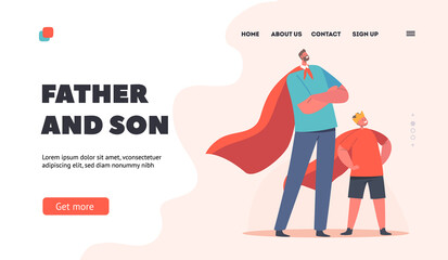 Father and Son Landing Page Template. Superfamily, Parent and Child. Happy Family Characters in Superhero Costumes