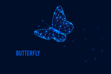 Futuristic concept with a glowing low-poly butterfly on a dark blue background. Modern vector illustration of wire frame mesh design. Vector illustration