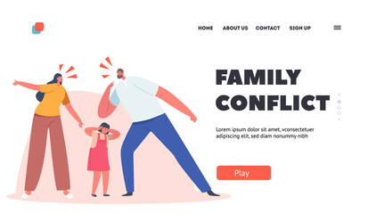 Family Conflict Landing Page Template. Angry Parents Figure Out Relations, Frightened Child Cover Ears Stand between