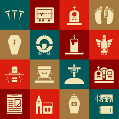 Set Crematorium, Grave with tombstone, Christmas angel, Memorial wreath, Coffin cross, Metallic nails and Burning candle icon. Vector