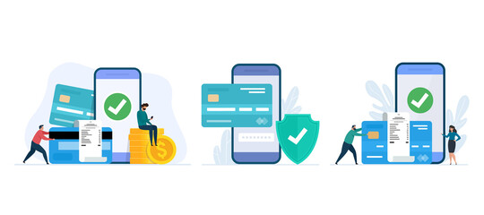 Vector illustration of online mobile banking. Online pay and electronic bill payment. Security transaction. Set of Mobile banking app design concepts.