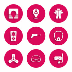 Set Fishing harpoon, Glasses and cap, Diving mask snorkel, Boat propeller, turbine, Gauge scale, Wetsuit and Life jacket icon. Vector