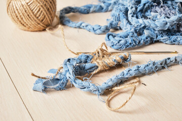 the process of making decor from denim yarn, reasonable consumption, second life to old things...