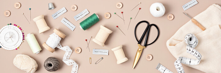 Sewing supplies and accessories for needlework. Craft hobby background. Recomforting, destressing hobby