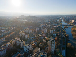 Obraz premium Aerial view of Maritsa river and panorama to City of Plovdiv, Bulgaria