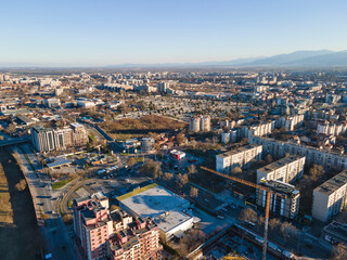 Fototapeta na wymiar Aerial view of Maritsa river and panorama to City of Plovdiv, Bulgaria