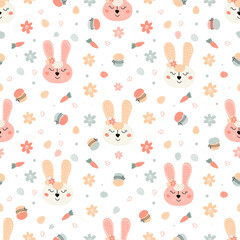 Easter seamless pattern with rabbits, cakes, eggs, willow. Cute Easter bunnies pattern.