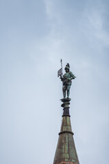 Hunedoara.Romania,2018,Corvin Castle, ,september,statue soldier with a spear at the top of the castle