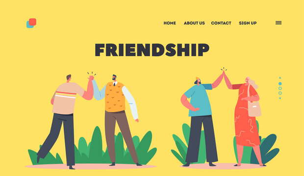 Friendship Landing Page Template. Informal Greetings, Happy People Giving High Five. Cheerful Friends or Colleagues Joy
