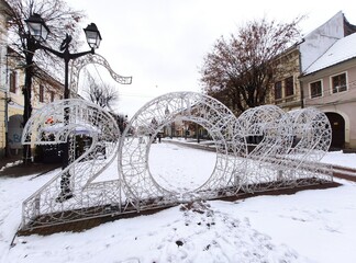 The central area of Bistrita in January 2022, and the Evangelical Church in the background 