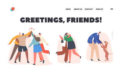Greetings Friends Landing Page Template. Characters Saying Hello in Different Manners. Various Hi Gestures Beating Hands