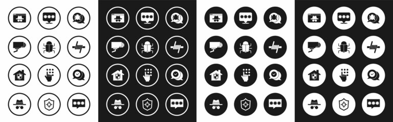 Set System bug, Security camera, Browser incognito window, Barbed wire, Password protection, Check mark speech bubble and House under icon. Vector
