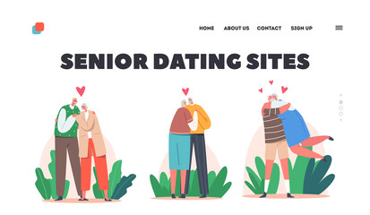 Senior Dating Sites Landing Page Template. Loving Couples Hug, Happy Old Men or Women Embracing, Holding Hands, Hugging