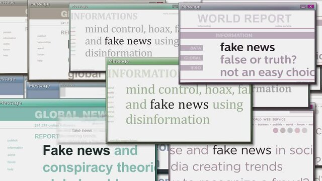 Pop up windows with fake news and hoax information on computer screen. Abstract concept of news titles across media. Seamless and looped display animation.