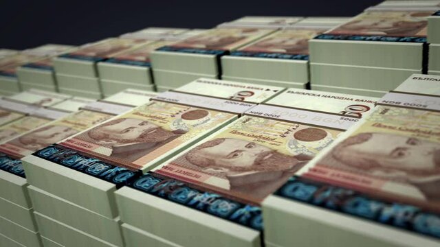 Bulgaria leva banknote bundle growth up loop. BGN money stacks. Concept of cash pack, banking, travel, business, economy and finance. Loopable seamless 3d animation.