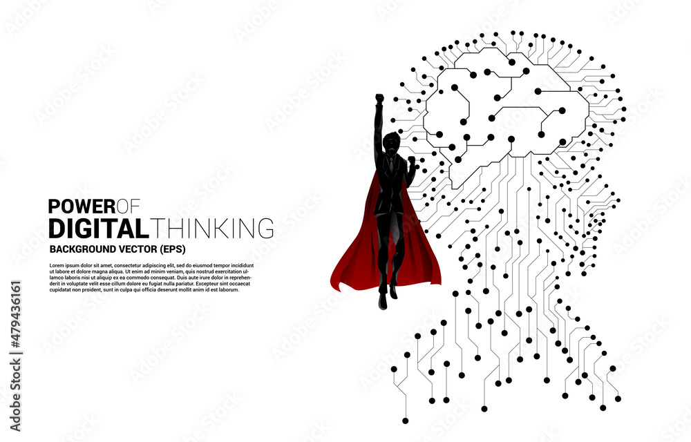 Poster silhouette of superhero flying with man head from dot connect line circuit board style with processor . Concept background human future and technology