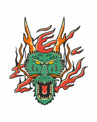 dragon head and fire hand drawn illustration