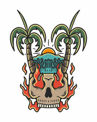 skull beach and palm tree hand drawn illustration