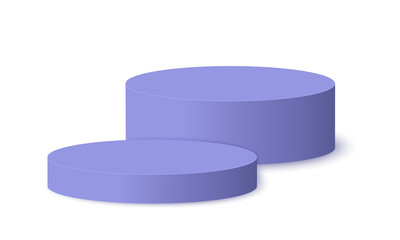 Round purple podiums. Empty pedestal mockup in trendy very peri colors for product presentation. Clean circular showcase platforms isolated on white background. Vector realistic illustration.