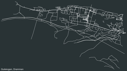 Detailed negative navigation white lines urban street roads map  of the quarter GULSKOGEN MUNICIPALITY of the Norwegian regional capital city of Drammen, Norway on dark gray background