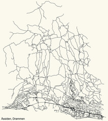 Fototapeta premium Detailed navigation black lines urban street roads map of the quarter ÅSSIDEN MUNICIPALITY of the Norwegian regional capital city of Drammen, Norway on vintage beige background