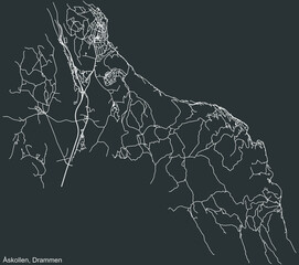 Detailed negative navigation white lines urban street roads map  of the quarter ÅSKOLLEN MUNICIPALITY of the Norwegian regional capital city of Drammen, Norway on dark gray background