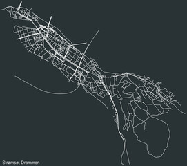 Detailed negative navigation white lines urban street roads map  of the quarter STRØMSØ MUNICIPALITY of the Norwegian regional capital city of Drammen, Norway on dark gray background