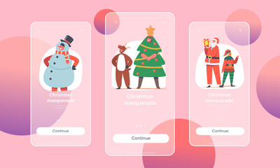 Christmas Masquerade Mobile App Page Onboard Screen Template. Children in Costumes, Girls and Boys Characters on Matinee
