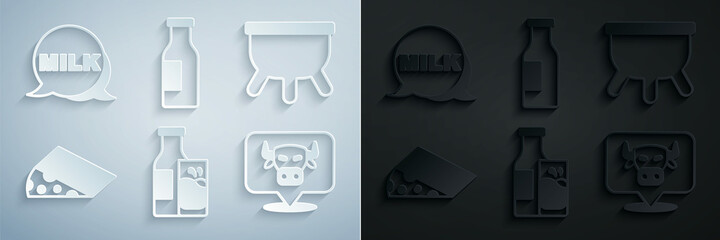 Set Bottle milk and glass, Udder, Cheese, Cow head, with and Lettering icon. Vector