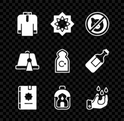 Set Shirt kurta, Octagonal star, No pig, Holy book of Koran, Ramadan Kareem lantern, Wudhu, Turkish hat and Muslim Mosque icon. Vector