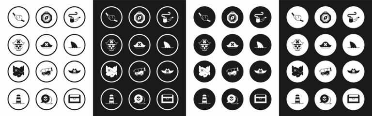 Set Smoking pipe, Pirate hat, captain, eye patch, Shark fin ocean wave, Compass, and treasure map icon. Vector