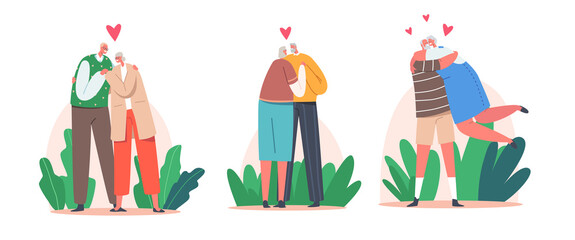 Loving Senior Couples Hug, Romantic Relations Concept. Happy Old Men and Women Embracing, Holding Hands and Hugging