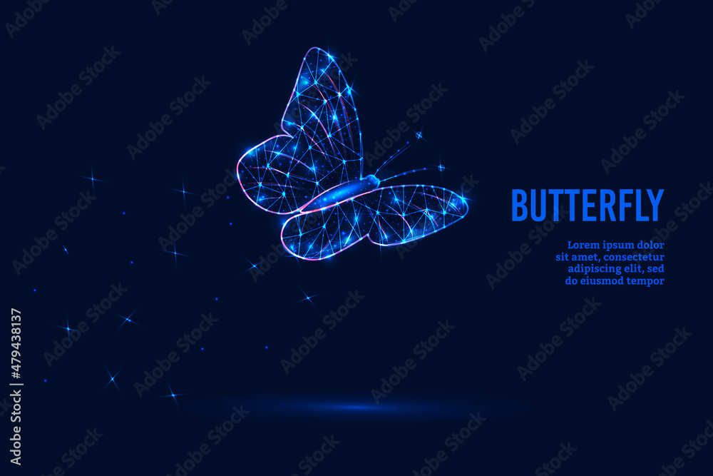 Wall mural A futuristic concept of an eco-friendly idea with a glowing low polygonal butterfly on a dark blue background. Modern vector illustration of wire frame mesh design.