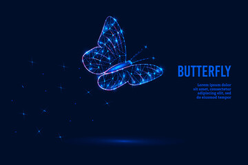 A futuristic concept of an eco-friendly idea with a glowing low polygonal butterfly on a dark blue background. Modern vector illustration of wire frame mesh design.