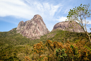 Tres Picos and Capacete rocky mountains, Salinas State Park, with famous climbing routes, sunny day with few clouds, Teresopolis, Rio de Janeiro, Brazil