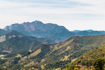 Panorama of three peaks state park, famous climbing and trekking site, with caledonia peak, one of the highest elevations of Serra do Mar, in the background, Teresopolis, Rio de Janeiro, Brazil