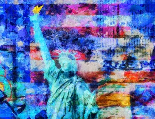 Liberty statue. US flag on a background