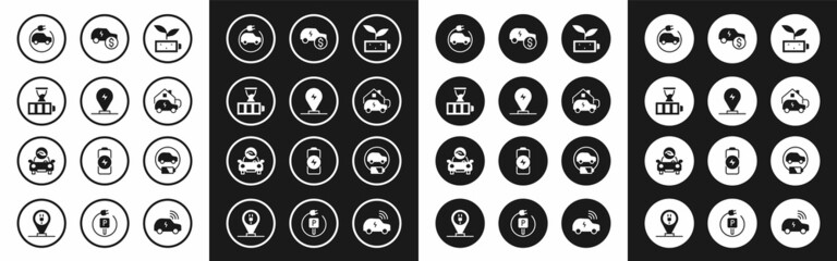 Set Eco nature leaf battery, Charging parking electric car, Battery charge, Electric, home, price, and icon. Vector