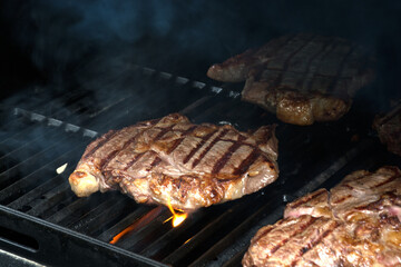 Fresh grilled meat, beef or pork. Grilling steaks on flaming grill