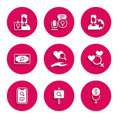 Set Heart with female gender, Feminist activist, Feminism finance, Female, Dating app, Money growth woman, Women from different countries and icon. Vector