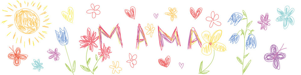 The inscription in Russian is "mom". A congratulatory banner for Mother's Day or on the eighth of March, drawn with pencils by a child