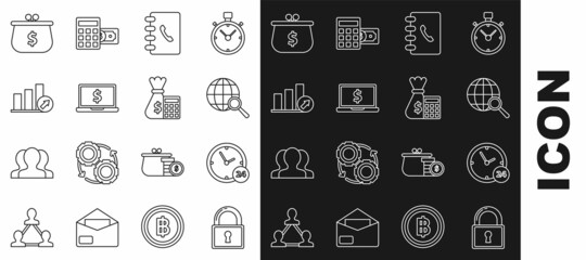 Set line Lock, Address book, Laptop dollar symbol, Presentation financial graph, schedule, chart, diagram, infographic, pie graph, Wallet and Calculator money bag icon. Vector