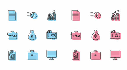 Set line Clipboard with graph chart, Briefcase, Document, Computer monitor screen, Money bag, Safe and money, and Pie infographic icon. Vector