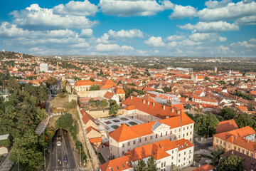 Fototapeta na wymiar Aerial view of the medieval city wall and bishop palace in downtown Pecs Baranya county Hungary 