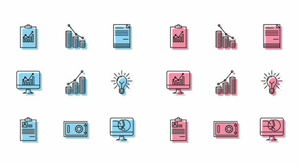 Set line Clipboard with resume, Safe, graph chart, Computer monitor, Pie infographic and coin, Light bulb rays shine concept of idea, and icon. Vector